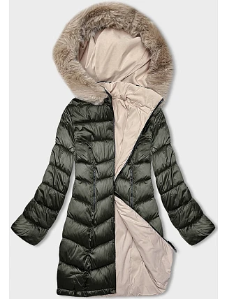 Dámska obojstranná zimná bunda s kapucňou khaki-béžová (B8202-11046) Dámska obojstranná zimná bunda s kapucňou khaki-béžová (B8202-11046)