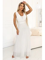 637-8 Dlhé maxi šaty s brokátovým akcentom a hlbokým výstrihom - ecru