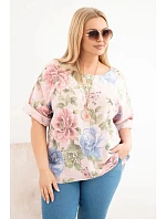 Dámske bavlnené Plus veľkosť blúzka s krátkymi rukávmi a kvetinový vzor púdrová ružová Dámske bavlnené Plus veľkosť blúzka s krátkymi rukávmi a kvetinový vzor púdrová ružová