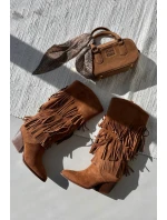 Ocieplane Kozaki Kowbojki Damskie Z Frędzlami Camel Brivina