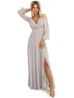 572-3 NELA trblietavé dlhé šaty s výstrihom, dlhými rukávmi a rozparkom na nohách - BEACH 572-3 NELA trblietavé dlhé šaty s výstrihom, dlhými rukávmi a rozparkom na nohách - BEACH