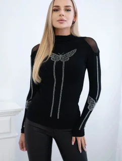 Pletená blúzka s motýľom z kubickej zirkónie čierna