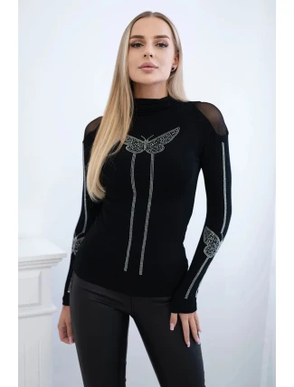 Pletená blúzka s motýľom z kubickej zirkónie čierna Pletená blúzka s motýľom z kubickej zirkónie čierna