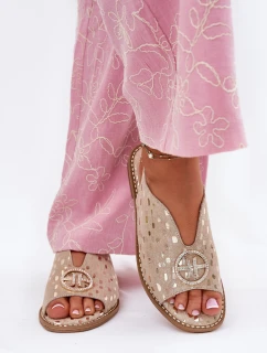 Skórzane Sandały Na Płaskim Obcasie Z Ozdobą S.Barski KV51-094 Złote