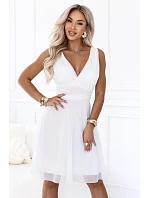 541-4 CELESTINA Elegantné tylové šaty s výstrihom a viazaním – biele 541-4 CELESTINA Elegantné tylové šaty s výstrihom a viazaním – biele