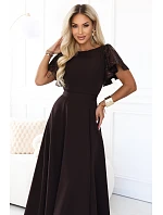 694-2 MIRELLA Elegantné maxi šaty so rozšíreným strihom a flitrovými rukávmi – čokoládovo hnedá 694-2 MIRELLA Elegantné maxi šaty so rozšíreným strihom a flitrovými rukávmi – čokoládovo hnedá