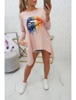 Oversize blúzka s potlačou dúhových pier tmavo púdrovo ružová