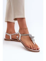 Płaskie Sandały Damskie Z Ozdobnym Kwiatkiem Srebrne Edoni Płaskie Sandały Damskie Z Ozdobnym Kwiatkiem Srebrne Edoni