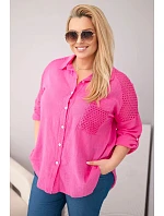 Dámske bavlnené tričko s golierom a čipkovou vložkou v ružovej farbe