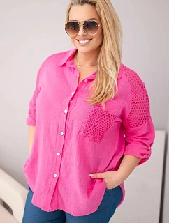 Dámske bavlnené tričko s golierom a čipkovou vložkou v ružovej farbe