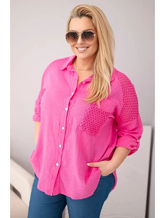 Dámske bavlnené tričko s golierom a čipkovou vložkou v ružovej farbe