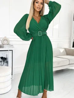 414-3 KLARA plisované šaty s opaskom a výstrihom - SVETLE ZELENÉ