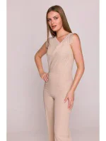 S407 Elegantný overal s asymetrickým výstrihom - béžový