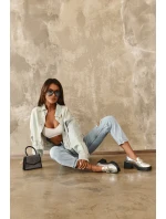 Damskie Skórzane Półbuty Na Masywnym Obcasie Srebrne Lemmitty