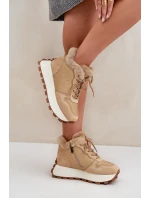 Skórzane Sneakersy Trapery Damskie Z Futerkiem Na Platformie Big Star OO274A330 Beżowe