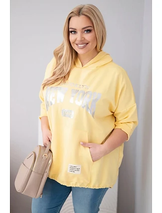 Dámska mikina Plus Size s kapucňou a klokaním vreckom žltá