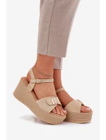 Sandały Damskie Na Koturnie Z Klamrą Khaki Liniella