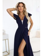 660-1 Elegantné maxi šaty s volánmi, hlbokým výstrihom a rozparkom na nohách - tmavomodré