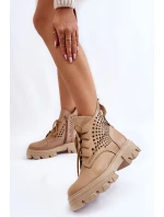 Skórzane Workery Z Ażurowym Wzorem Beżowe Abilene