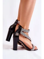 Skórzane Sandałki Na Obcasie Z Cyrkoniami Lewski Shoes 3239 Czarne