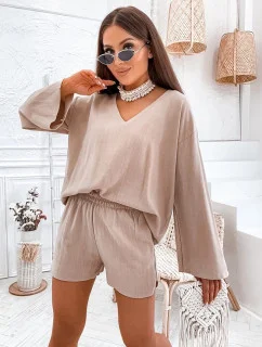 Dámsky ľanový set Cappuccino - blúzka a šortky oversize (752)