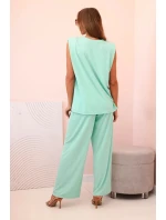 Dámska súprava z viskózy bez rukávov s rovnými nohavicami mätovej farby