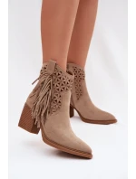 Dámské perforované kožené boty s kovbojským vzhledem na podpätku s třásněmi Béžové Calissey
