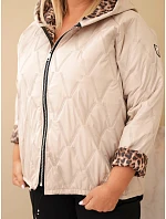 Dámska bunda vo veľkosti Plus Size s kapucňou a leopardovým lemom, tmavo béžová