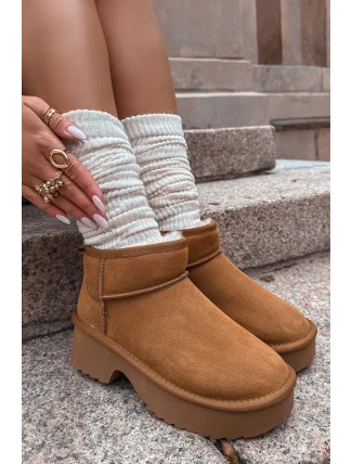 Śniegowce Damskie Z Naturalnego Zamszu Ocieplane Futerkiem Camel Milora