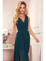 JUSTINE - Dlhé dámske šaty vo fľaškovo zelenej farbe s výstrihom a zaväzovaním 362-2 JUSTINE - Dlhé dámske šaty vo fľaškovo zelenej farbe s výstrihom a zaväzovaním 362-2