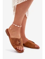 Klapki Damskie Na Płaskim Obcasie Z Klamrą Camel Lanoni