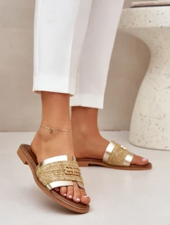 Skórzane Klapki Z Ozdobnym Detalem I Plecionką Zazoo 40426 Złote
