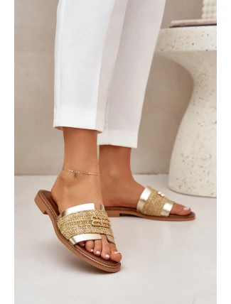 Skórzane Klapki Z Ozdobnym Detalem I Plecionką Zazoo 40426 Złote