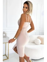 555-1 Elegantné midi šaty s výstrihom a rozparkom na nohách - BEACH