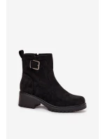 Ocieplane Botki Damskie Na Niskim Obcasie Klocku Z Klamrą Czarne  Helvina