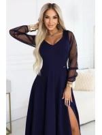 640-3 LORETTA jedinečné dlhé šaty s tylovými rukávmi a výstrihom - tmavomodré