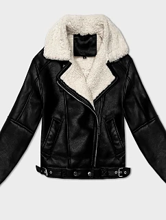 Dámska prechodná kožená bunda s umelou kožušinou J Style black-ecru (11Z8267)