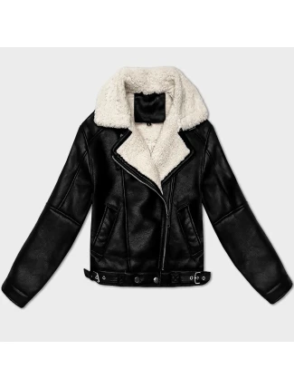 Dámska prechodná kožená bunda s umelou kožušinou J Style black-ecru (11Z8267)