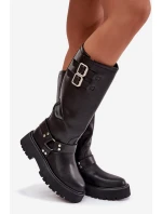 Kožené dámské kozačky s přezkami zateplené Big Star OO274A180 černé Kožené dámské kozačky s přezkami zateplené Big Star OO274A180 černé