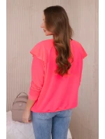 Bavlnená blúzka s volánikmi na ramenách Ružová neónová Bavlnená blúzka s volánikmi na ramenách Ružová neónová