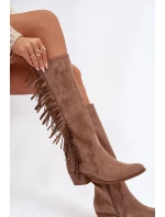 Dámské kozačky na podpatku s třásněmi zateplené khaki Firlina