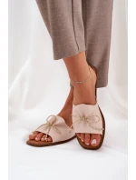 Klapki Na Płaskiej Podeszwie Z Ozdobną Kokardką Beżowe Deonelis