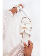 Płaskie Klapki Damskie Z Paseczkiem I Złotym Detalem Białe Kerenza