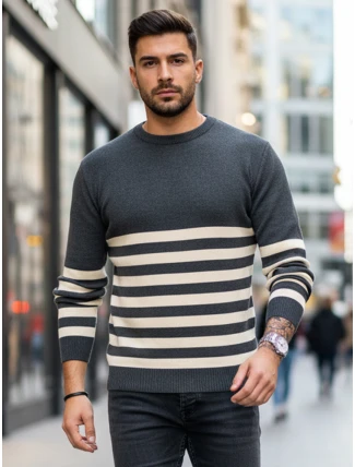Pánsky tmavosivý pruhovaný sveter FashionStreet WX2133