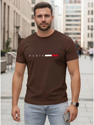 Pánske bavlnené tričko s nápisom PARIS, hnedé, FashionStreet NX5139R Pánske bavlnené tričko s nápisom PARIS, hnedé, FashionStreet NX5139R