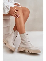 Ocieplane Botki Workery Damskie Na Zamek Eko Skórzane Jasnobeżowe Mailyra