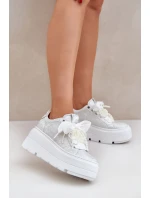 Skórzane Sneakersy Na Platformie CheBello 4658 Srebrne