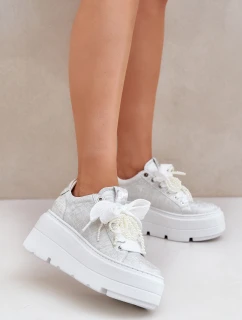 Skórzane Sneakersy Na Platformie CheBello 4658 Srebrne