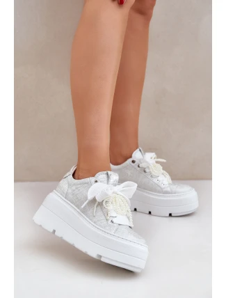 Skórzane Sneakersy Na Platformie CheBello 4658 Srebrne