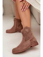 Dámské kotníkové boty na nízkém podpatku s krajkovým vzorem S.Barski HY61-8025 Hnědé